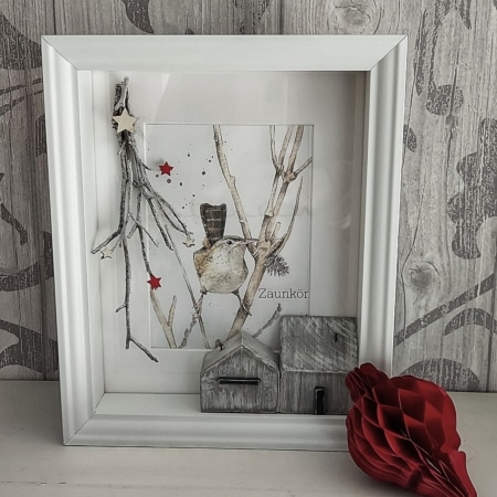 Cuadro decorativo artesanal de invierno con casitas de madera y pájaro, decoración rústica nórdica hecha a mano